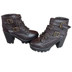 Brown Platform Lug Sole Ankle Boots Chunky Heel Lace Up Size 9